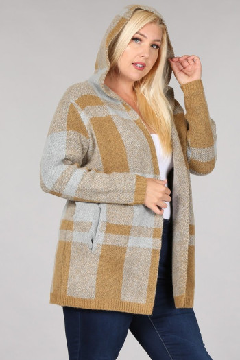 PLAID HOODIE CARDIGAN SWEATER CURVE