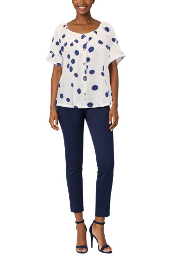 POLKA DOT CRINKLE KNIT BUTTON FRONT RUFFLE SLEEVE