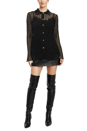 VERTICAL FLORAL STRIPE LACE BUTTON FRONT SHIRT