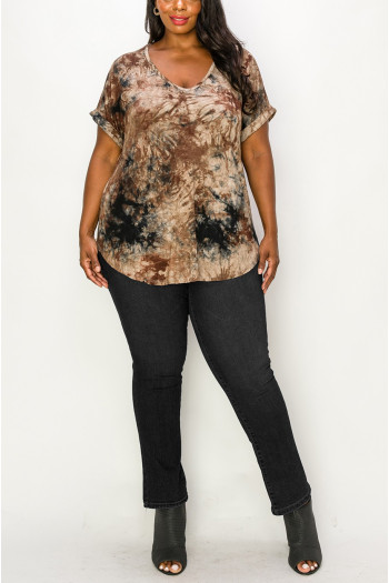 HAND TIE DYE V NECK ROLLED SLEEVE CURVE - MOCHA/BLACK
