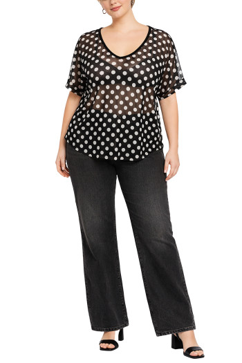 POLKA DOT MESH V NECK ROLL SLEEVE CURVE 