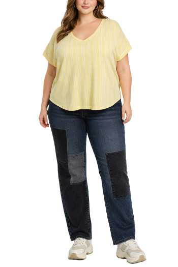 COTTON VERTICAL STRIPE V NECK ROLL SLV CURVE - YELLOW/NATURAL