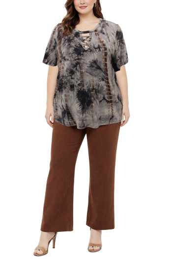 HAND TIE DYE LACE UP SHORT SLEEVE CURVE - GREY/RUST