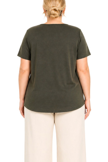 PYTHON MESH INSET V NECK SHORT SLEEVE CURVE - IVORY/OLIVE