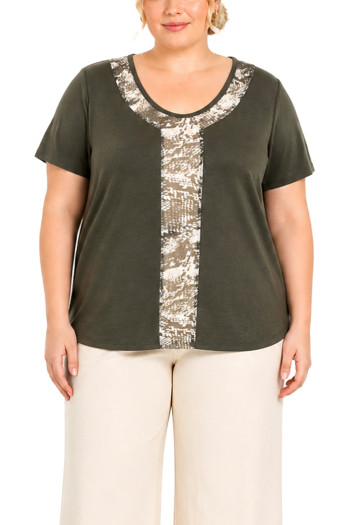 PYTHON MESH INSET V NECK SHORT SLEEVE CURVE - IVORY/OLIVE
