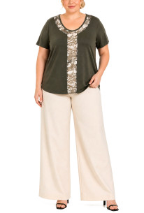 PYTHON MESH INSET V NECK SHORT SLEEVE CURVE - IVORY/OLIVE