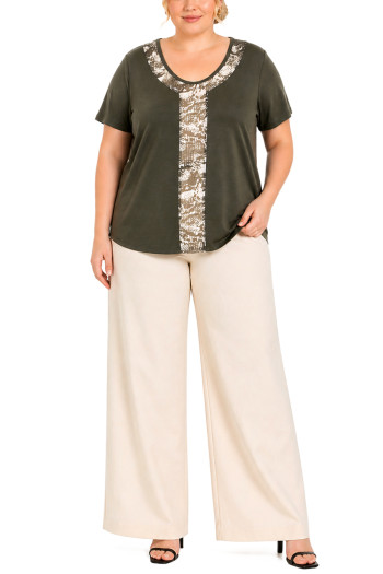 PYTHON MESH INSET V NECK SHORT SLEEVE CURVE - IVORY/OLIVE
