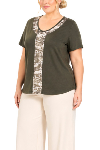 PYTHON MESH INSET V NECK SHORT SLEEVE CURVE - IVORY/OLIVE