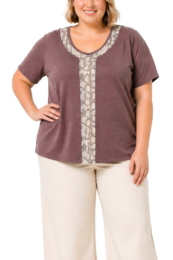 PYTHON MESH INSET V NECK SHORT SLEEVE CURVE - IVORY/MAUVE