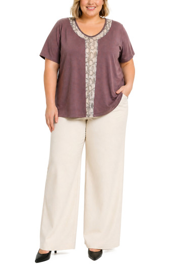 PYTHON MESH INSET V NECK SHORT SLEEVE CURVE - IVORY/MAUVE