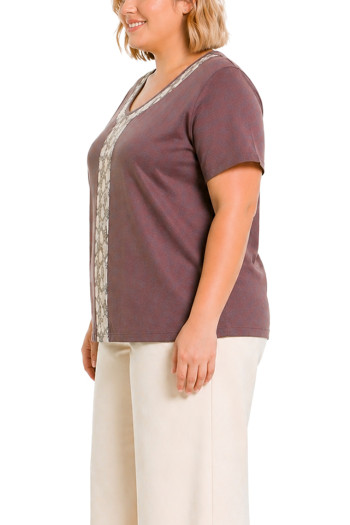 PYTHON MESH INSET V NECK SHORT SLEEVE CURVE - IVORY/MAUVE