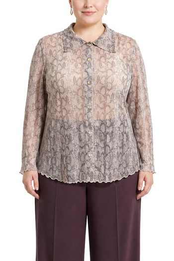 PYTHON MESH BUTTON FRONT SHIRT CURVE - IVORY/MAUVE