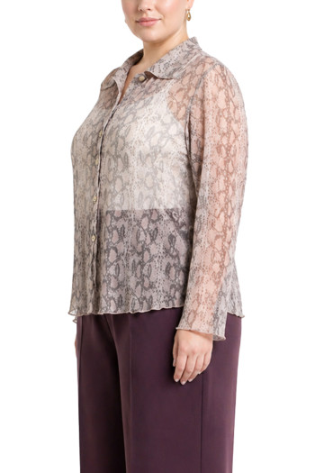 PYTHON MESH BUTTON FRONT SHIRT CURVE - IVORY/MAUVE