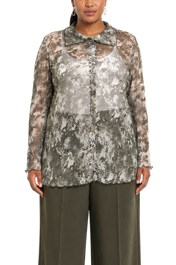 PYTHON MESH BUTTON FRONT SHIRT CURVE - IVORY/OLIVE