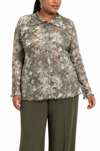 PYTHON MESH BUTTON FRONT SHIRT CURVE - IVORY/OLIVE