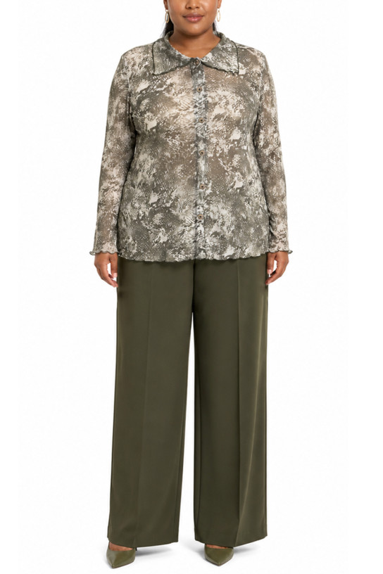 PYTHON MESH BUTTON FRONT SHIRT CURVE - IVORY/OLIVE