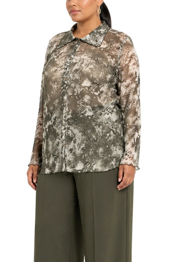 PYTHON MESH BUTTON FRONT SHIRT CURVE - IVORY/OLIVE