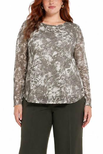 PYTHON MESH SCOOP NECK LONG SLEEVE LINED FRONT & BACK CURVE - IVORY/OLIVE