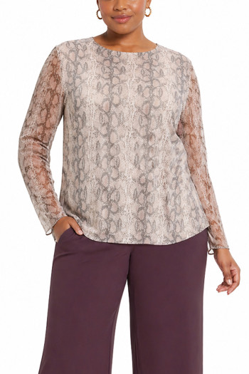PYTHON MESH SCOOP NECK LONG SLEEVE LINED FRONT & BACK CURVE - IVORY/MAUVE