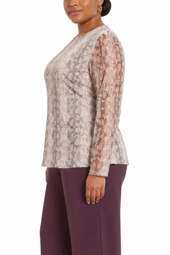 PYTHON MESH SCOOP NECK LONG SLEEVE LINED FRONT & BACK CURVE - IVORY/MAUVE