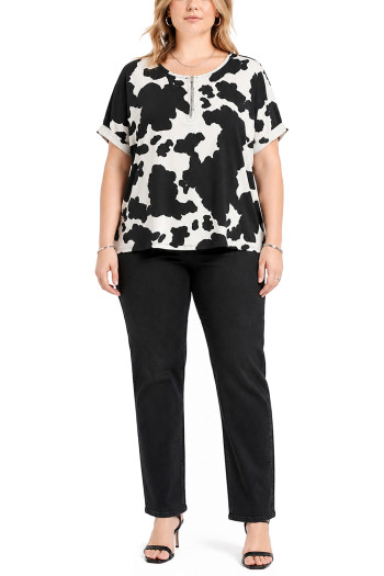 COW PRINT DOLMAN 1/2 ZIP ROLLED SLEEVE CURVE 