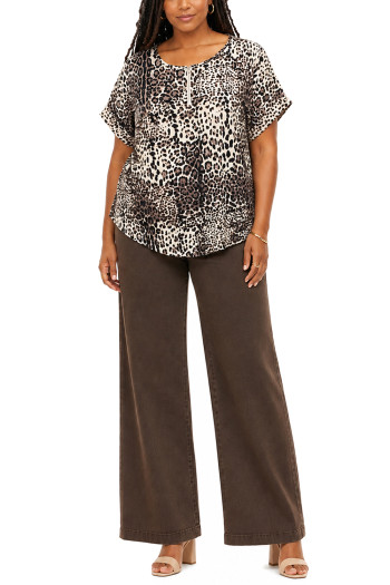 LEOPARD PRINT DOLMAN 1/2 ZIP ROLLED SLEEVE CURVE 
