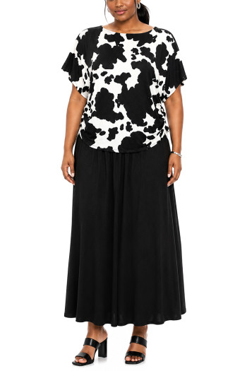 COW PRINT BOATNECK BATWING SLEEVE SIDE RUCHED CURVE