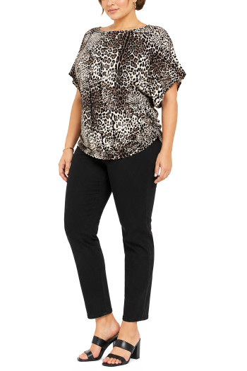 LEOPARD PRINT BOATNECK BATWING SLEEVE SIDE RUCHED CURVE
