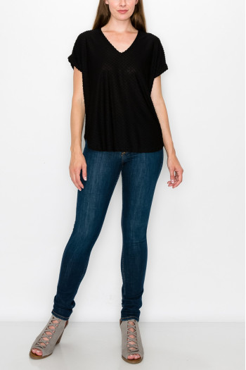 SWISS DOT JERSEY V NECK ROLLED SLV