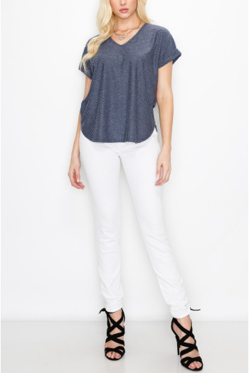 SWISS DOT JERSEY V NECK ROLLED SLV