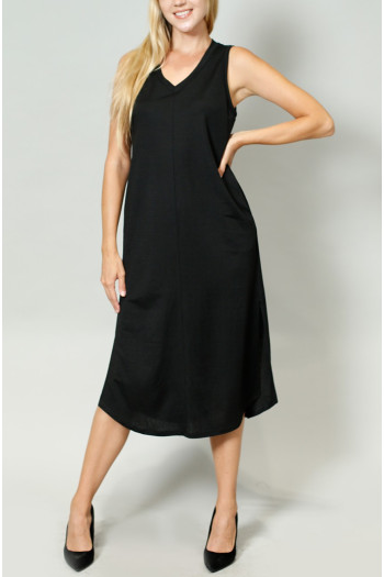 CHAMBRAY JERSEY V NECK POCKET MIDI DRESS