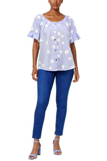 POLKA DOT CRINKLE KNIT BUTTON FRONT RUFFLE SLEEVE