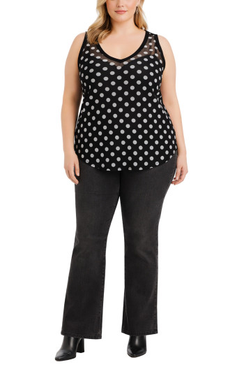 POLKA DOT MESH DBL V NECK TANK CURVE
