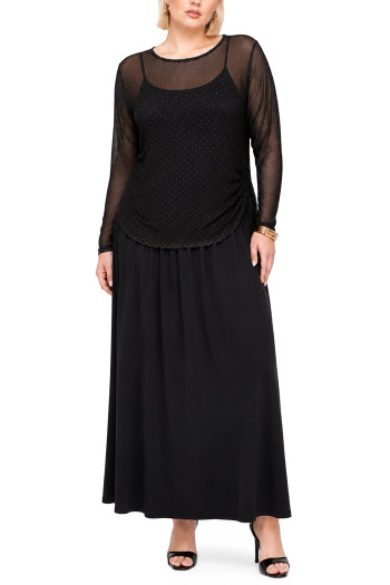 FOIL DROP MESH SCOOPNECK SIDE RUCHED LONG SLEEVE CURVE