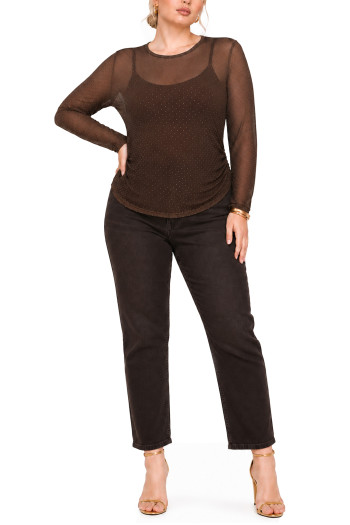 FOIL DROP MESH SCOOPNECK SIDE RUCHED LONG SLEEVE CURVE
