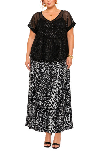 FOIL DROP MESH V NECK ROLLED SLEEVE CURVE