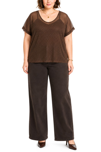 FOIL DROP MESH V NECK ROLLED SLEEVE CURVE
