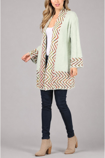 FUZZY BORDER PATTERN CARDIGAN SWEATER