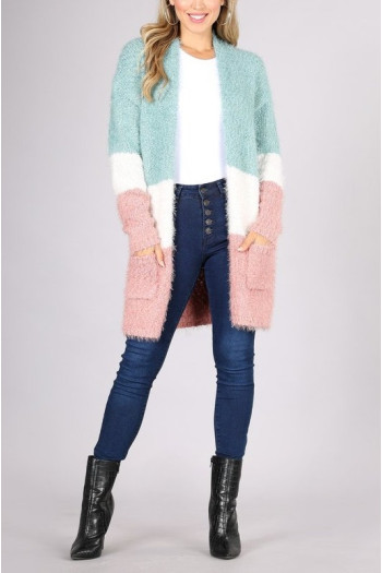 FUZZY BOUCLE COLORBLOCK CARDIGAN SWEATER