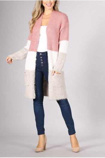 FUZZY BOUCLE COLORBLOCK CARDIGAN SWEATER
