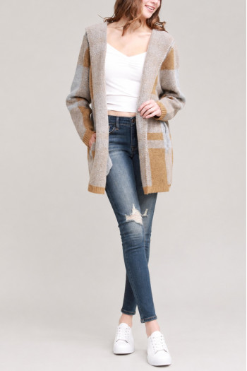PLAID HOODIE CARDIGAN SWEATER