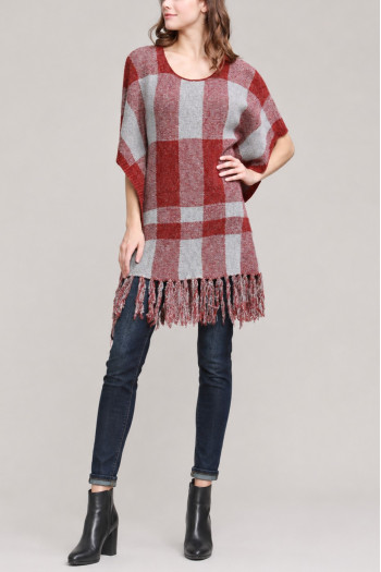 PLAID PONCHO WITH FRINGES SWEATER