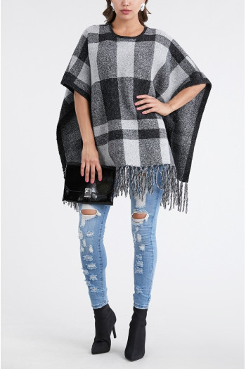 PLAID PONCHO WITH FRINGES SWEATER