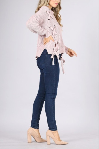 EYELET TIE LACE UP LONG SLEEVE TOP SWEATER